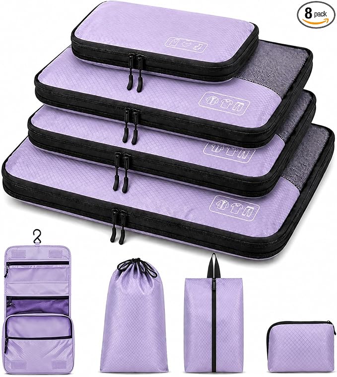Compression Packing Cubes for Travel, 8-Piece Carry-On Suitcase Organizer | Elegant Ultralight Luggage Organizer Set for Women, Space Saving for Carry-On, Suitcase & Vacation Cruise Travel - Purple by Idcymoul