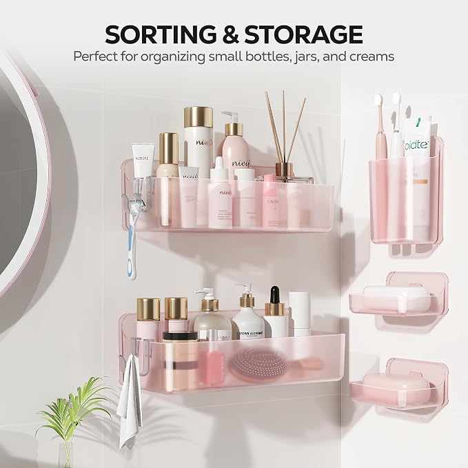 Nieifi Adhesive Shower Shelves, Pink, 5 Pieces | Rustproof ABS, Large Capacity, Removable Design, Easy-Clean, No Drilling Shower Organizer for Bathroom Storage & Home Decor - Image 9