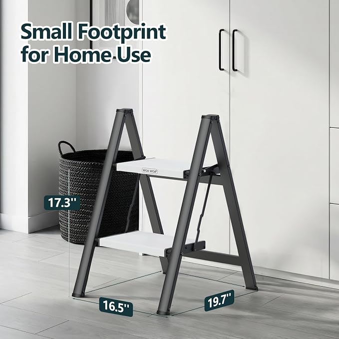 2 Step Ladder, Foldable Step Stool, 300lbs Load, Black & White | Folded 27''H x 3''T; Net 6.9 lbs; Rigid Aluminum Steps; No Assembly; For Home, Kitchen, Office, Pantry, Closets, Cabinets - Image 2