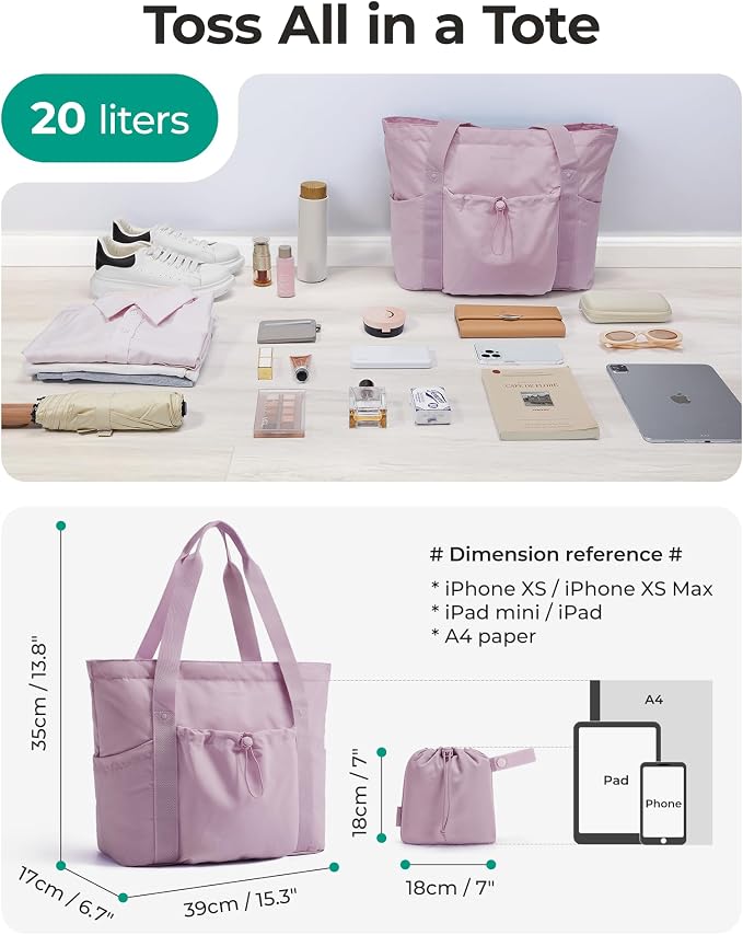 BAGSMART Foldable Tote Bag with Drawstring Bag, Tote Bag Shoulder Bag Top Handle Handbag for Travel, Work, Beach, Gym - Image 3