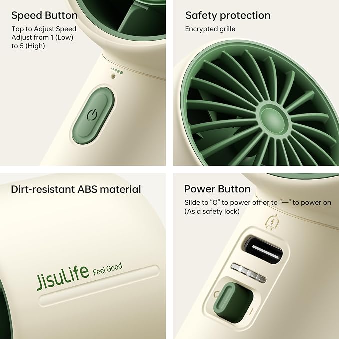 JISULIFE Handheld Turbo Fan, 4000mAh Rechargeable, 5-Speed - Beige | 22H Max Runtime, Powerful Airflow, Ultra-Quiet, with Neck Strap & Stickers Included, Gift for Women, Men & Kids - Image 8