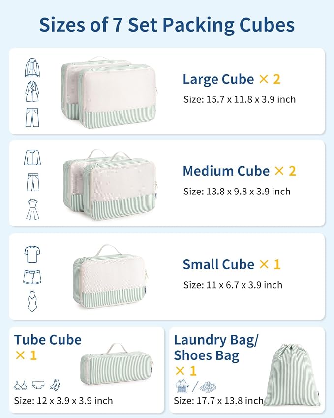Narwey 7 Set Striped Packing Cubes for Travel Carry on Suitcase, Durable Packing Organizers Bag for Kids Women Men, Duffle Bags Backpack Travel Essentials Accessories (Mint Green Stripe) - Image 2