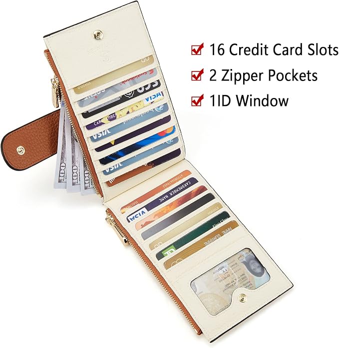 BOSTANTEN Leather Womens Wallet Large RFID Blocking Slim Card Holder | 16 Card Slots, 2 Zipper Pockets, Bifold, Long, Fits Most Purses, Organized Everyday Carry, Ladies Gifts, Beige Brown - Image 3