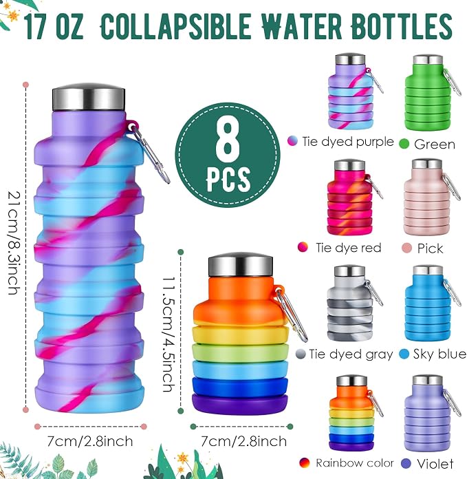 Lallisa 8 Pcs Collapsible Water Bottles Bulk, 17 oz Portable Reusable Silicone Water Bottle, Foldable Bottles for Travel Gym Camping Hiking, Leak Proof Sports Bottle with Carabiner(Mixed Colors) - Image 2