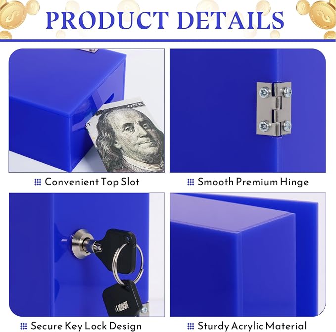 Acrylic Cash Box for Gambler Pocket Size, Winners Bank with 2 Keys Storage Bag, Compact Portable Secure Money Organizer Safe Lock Box for Casino, Control Gambler,Navy Blue,1 Pack - Image 3