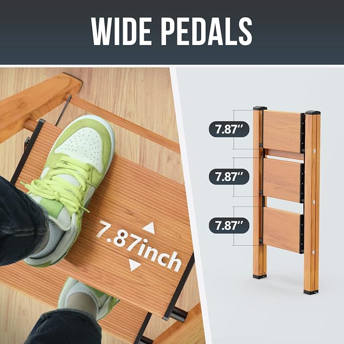 3 Step Ladder, Foldable Step Stool, 300lbs Load, Wood Grain | Folded 36''H x 3''T; Net 9 lbs; Rigid Aluminum Steps; No Assembly; For Home, Kitchen, Office, Pantry, Closets, Cabinets - Image 6