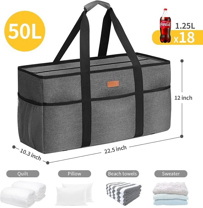 LHZK Stand Up Extra Large Utility Tote Bag with Lid, Utility Tote Bag with Metal Wire Frame and the Sides Rinforced, Reusable Grocery Bags Foldable, Beach Bag, Car Tote (Gray) - Image 3