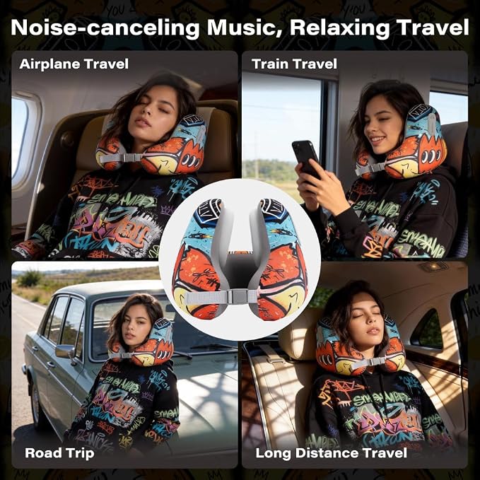 Bluetooth Travel Neck Pillow, Memory Foam | Built-in Headphones, Neck Support, Airplane Sleep, Noise Reducing, Adjustable Fit, Flights, Cars, Trains - Image 7
