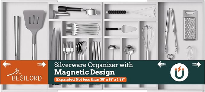 Magnetic Expandable Silverware Drawer Organizer, 13 Slots Utensil White | Magnetic Connected, Expandable 21-37.4 Inch, 13 Divided Slots, White Cutlery Utensil Organize Kitchen by Besilord