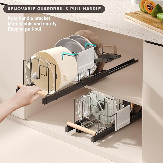 Magheo Pull Out Pots and Pans Organizer Under Cabinet, 22" Deep Expandable Pot Lid Organizer and Storage with 10 Adjustable Dividers Adhesive Pot and Pan Holder Rack with Handle Bracket(1 Pack,Black) - Image 3