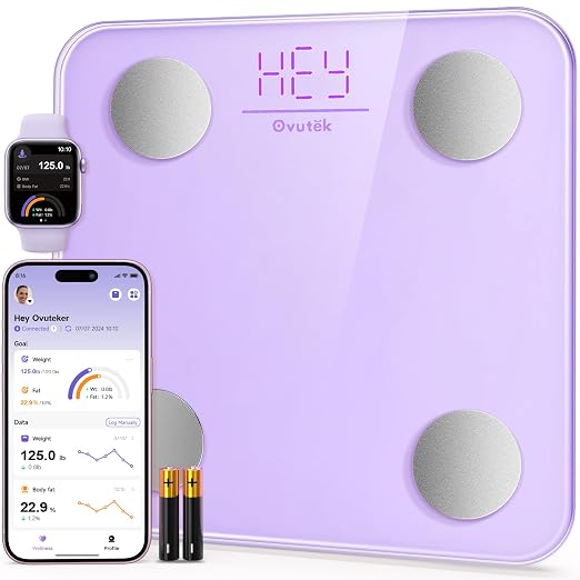 Smart Scale for Body Weight Digital Bathroom Scale with BMI Body Fat | Accurate Body Composition Scale for Home Families, Men, Women, Elderly Use Weight Loss Tracking Compact Size 400lb Purple by Ovutek