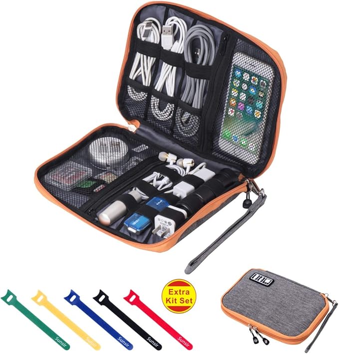 Travel Cable Organizer Bag Waterproof Portable Electronic Accessories Organizer for USB Cable Cord Phone Charger Headset Wire SD Card with 5pcs Cable Ties(Orange) by Sunsir