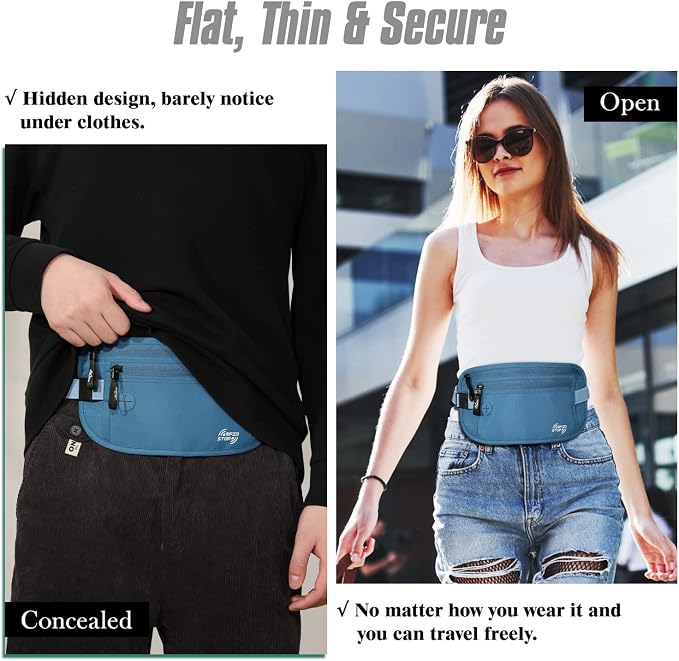 MoKo Travel Money Belt with RFID Blocking, 3 Pockets, Blue | Slim 210D water-resistant nylon design fits discreetly under clothing; adjustable strap fits 28-50 in waists - Image 3