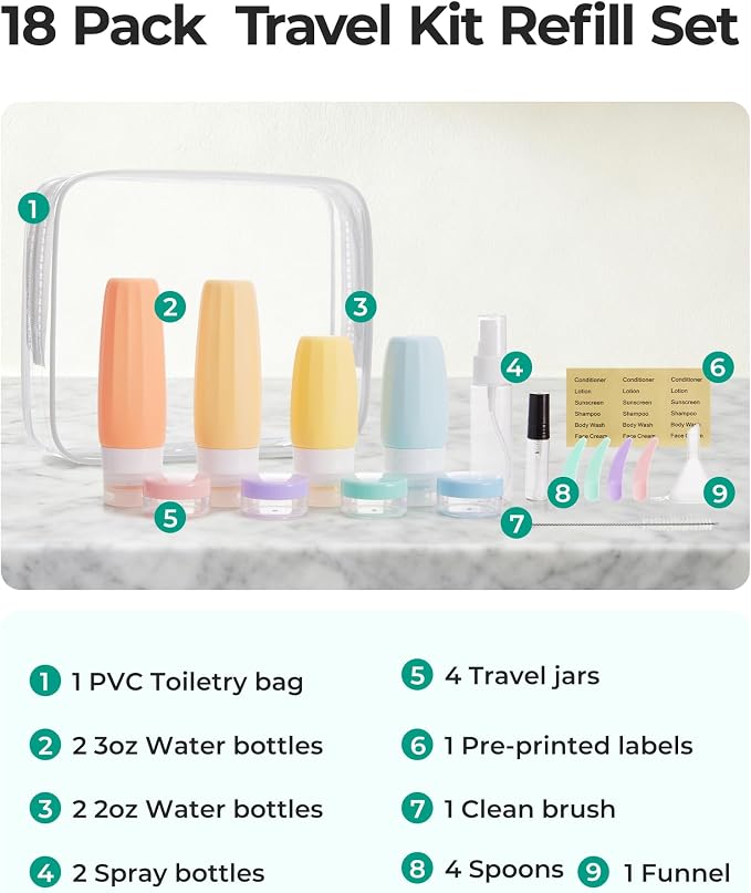 BAGSMART 18 Pack TSA Approved Travel Bottles for Toiletries, Leak Proof Silicone Travel Size Containers Bottles for Shampoo, Macaron - Image 2