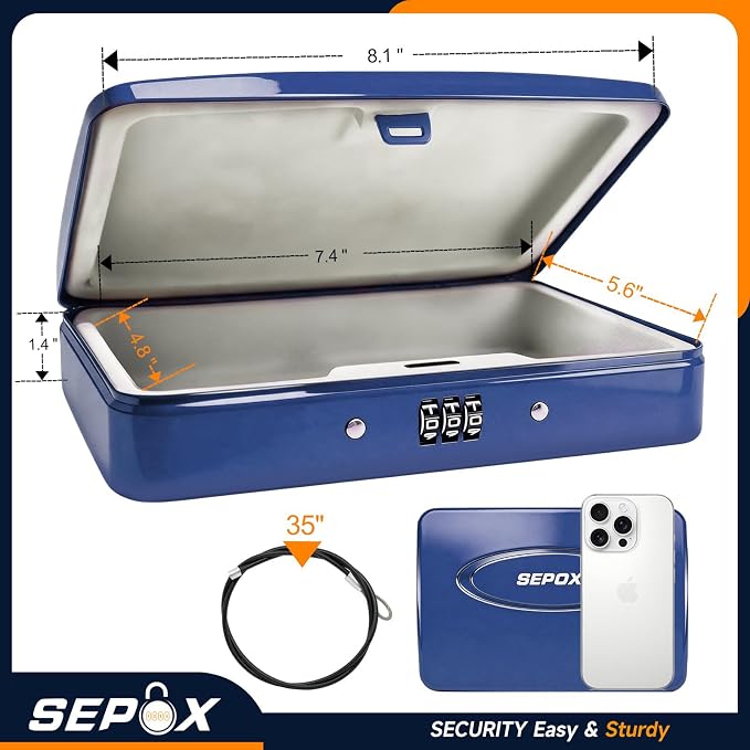 SEPOX® Water Fire Guard Steel Lock Box 3-Ft Security Cable Resettable Combo | For Travel Home Office Dorm Water Fire Guard Steel Lock Box Resettable Code 3-Ft Steel Cable Keyless Portable Small Safe Size - Image 3