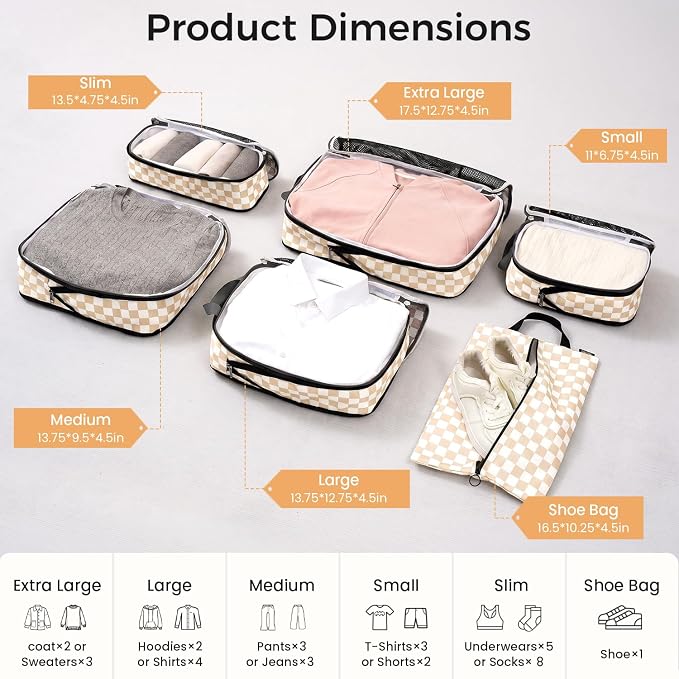 BAGAIL 4 Set/6 Set/8 Set Compression Packing Cubes Travel Accessories Expandable Packing Organizers (Half Mesh, 6-Khaki Checkered) - Image 2