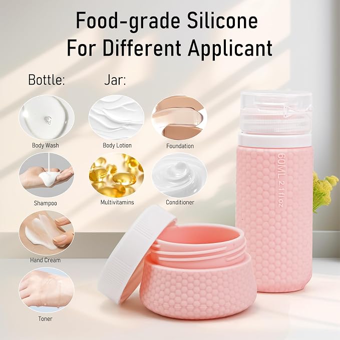 2 oz Travel Bottle Silicone Small Liquid Travel Containers 2 Pack Leak Proof TSA Approved Bottles On The Go Size Traveling Kit for Toiletries Shampoo Body Wash Skincare Lotion Women - Leather Pink - Image 6