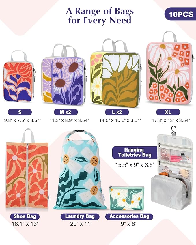 Gonex 10-Piece Compression Packing Cubes with Travel Organizer Set | Floral Pattern, Ripstop Fabric, Double-Zip Compression, Shoe Bag, Laundry Bag, Accessories Bag - Image 2