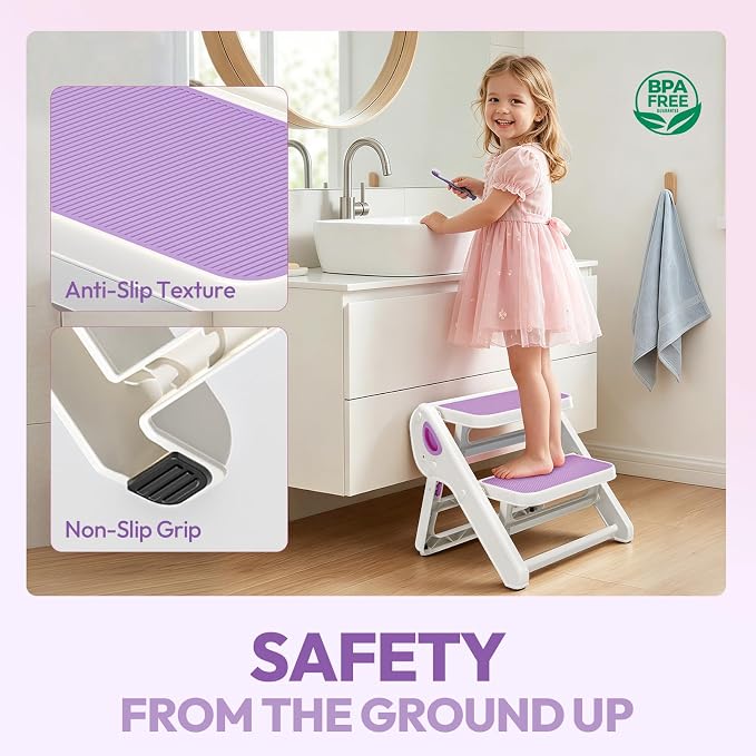Foldable Toddler Step Stool for Bathroom Sink, Toilet, Bedroom, Kitchen – Non-Slip, Space-Saving, BPA-Free, Supports 110 lbs, Kids Step Stool (Lavender) - Image 2