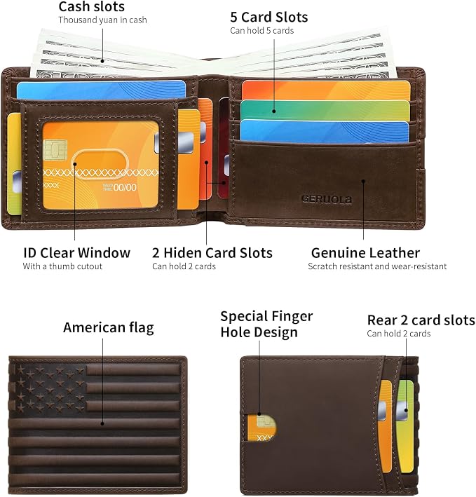 Wallet for Men-Genuine Leather RFID Blocking Bifold Stylish Wallet American Flag Wallet With 1 ID Window (Coffee, Without ID Window) - Image 2