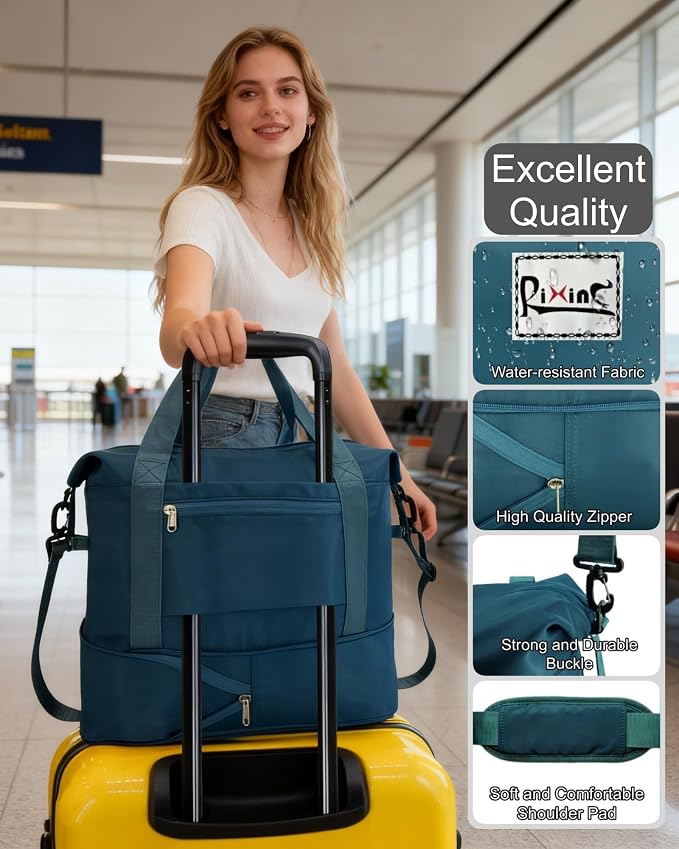 Foldable Travel Duffel Bag for Women, Peacock Blue | 40L Expandable Water-Resistant Carry on Bag, Personal Item Travel Bag Flight Approved with Wet Pocket for Gym Travel, Nylon - Image 6