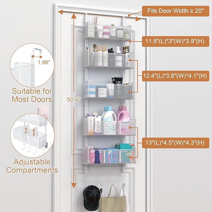 VyGrow Over The Door Organizer, Metal Door Organizer Hanging with 5 Adjustable Baskets and Coat Hook, Behind The Door Storage for Bedroom Closet Bathroom Pantry Cabinet Kitchen, White - Image 3