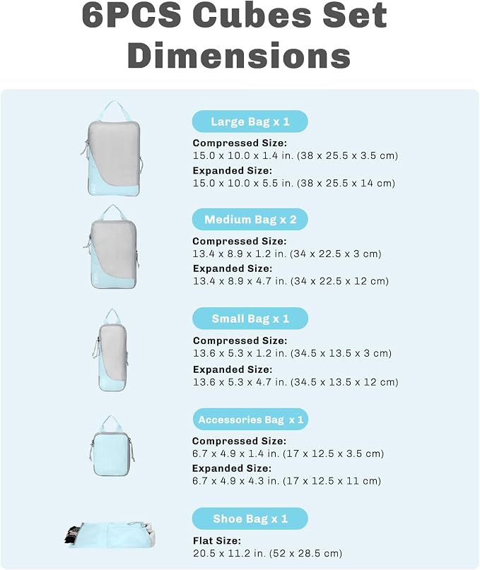 6 Set/ 4 Set/ 2 Set Compression Packing Cubes Travel Essentials Lightweight Nylon Luggage Suitcase Organizer Bag Light Blue 6PCS - Image 2