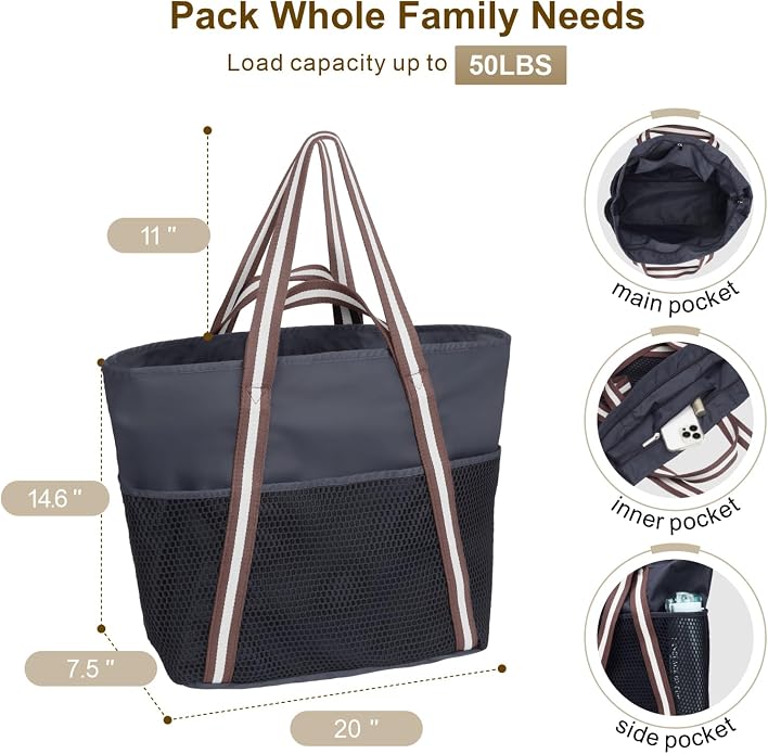 F-color Waterproof Beach Bags for Women - Machine Washable Travel Tote Bag with Zipper Cruise Swim Vacation Essentials - Image 3