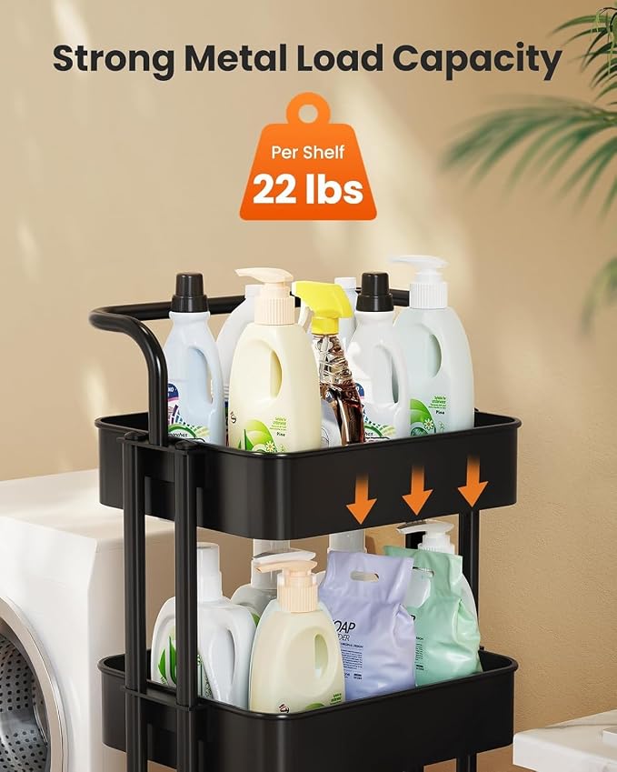 Pipishell Metal 4 Tier Rolling Cart with Handle & 2 Lockable Wheels, Black | Four Large 2" Wheels for Easy Motion, Sturdy Metal, Hold 22 lbs per Shelf, Ideal for Nursery Room, Living Room, Painting Room - Image 6