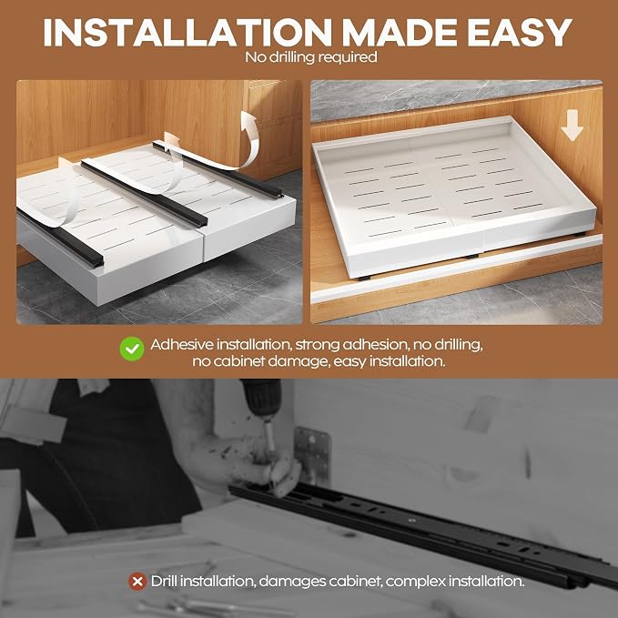 Seinloes 2 Pack Expandable Pull Out Cabinet Organizer 21"Deep With Raising Pad for Framed Cabinets,Upgrade 3 Slide Rails Slide Out Drawers,Roll Out Shelves Adhesive,Adjustable Width 15.15"-26.3" White - Image 7