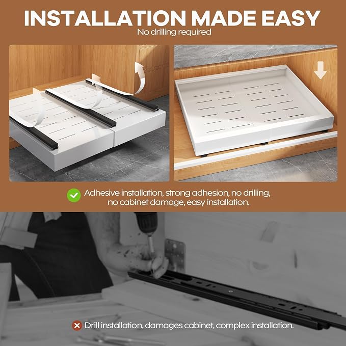 Seinloes 4 Pack Expandable Pull Out Cabinet Organizer 21"Deep With Raising Pad for Framed Cabinets,Upgrade 3 Slide Rails Slide Out Drawers,Roll Out Shelves Adhesive,Adjustable Width 15.15"-26.3" White - Image 6