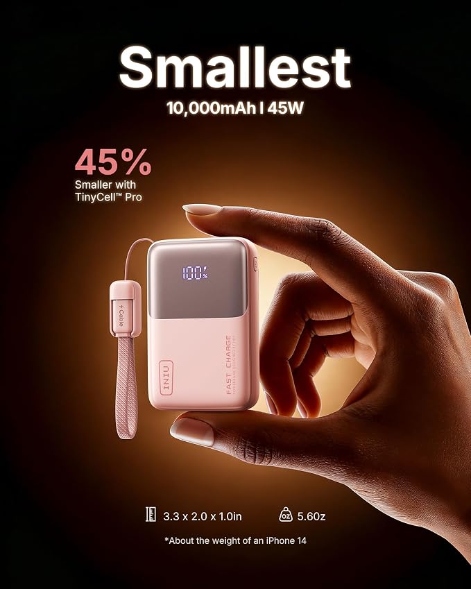 INIU Portable Charger, Ultra Mini 10000mAh 45W Fast Charging Power Bank | Flight-Safe, USB-C Cable, Travel Essential, 45W Battery Phone Pack for iPhone 17 16 Samsung S26 Google iPad etc, Light Pink - Image 2