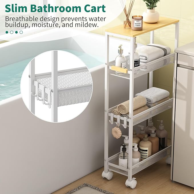 4-Tier Slim Utility Rolling Laundry Cart with Wheels, Easy to Assemble | 7.2" Wide for Narrow Spaces, Wood Top with Metal Frame, Mobile Storage Shelves for Bathroom, Kitchen, Office - Image 6