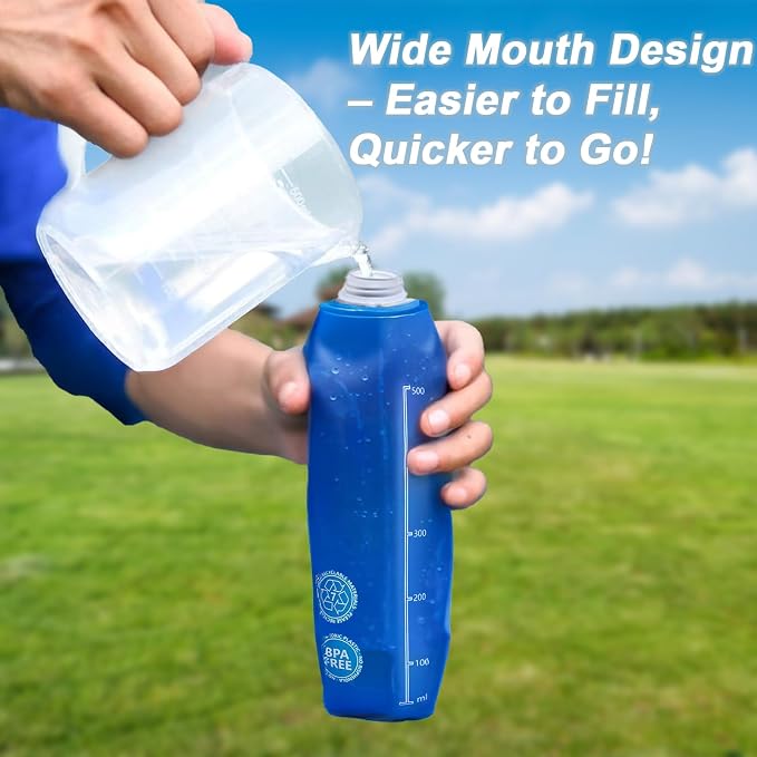 2 Pack Collapsible Water Bottle 500ml – BPA-Free Foldable Soft Flask for Running, Hiking, Cycling, Jogging, Trail Running, Marathon, Travel, Outdoor – Reusable Hydration Bottle for Backpack (500 ml) - Image 7