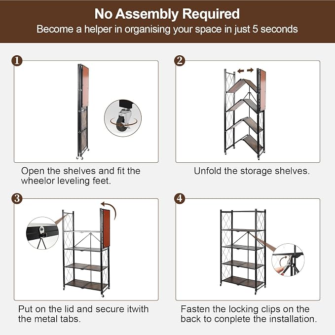 5 Tier Folding Shelf with Wheels, Wood and Metal Bookshelf | No Assembly Foldable Storage Shelves, Vintage Storage Rack for Living Room, Bedroom, and Home Office - Image 8