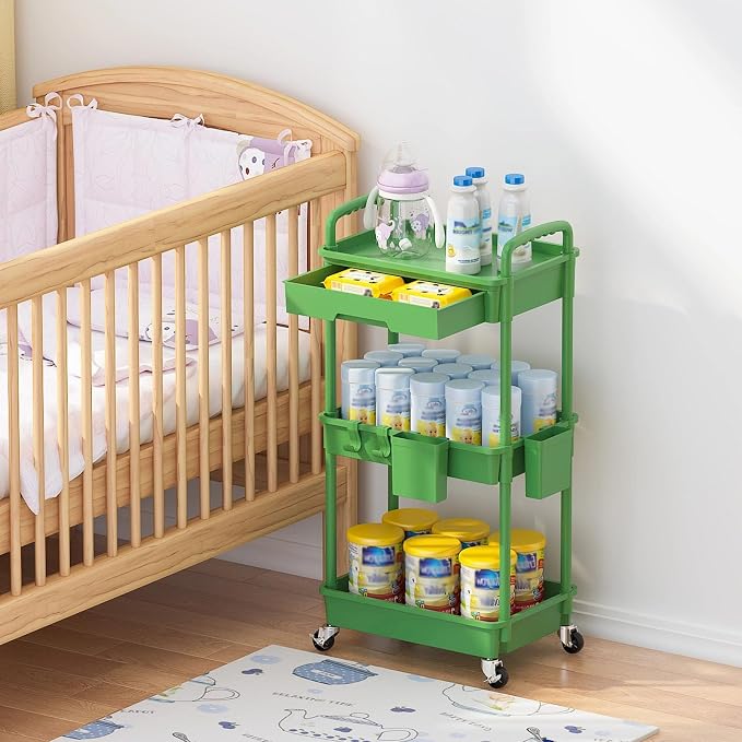 3 Tier Rolling Utility Cart with Drawer, Plastic Storage Organizer Rolling Carts with Wheels Handles Hanging Cups Hooks for Office, Bathroom, Kitchen,Craft Art Room (Green) - Image 7