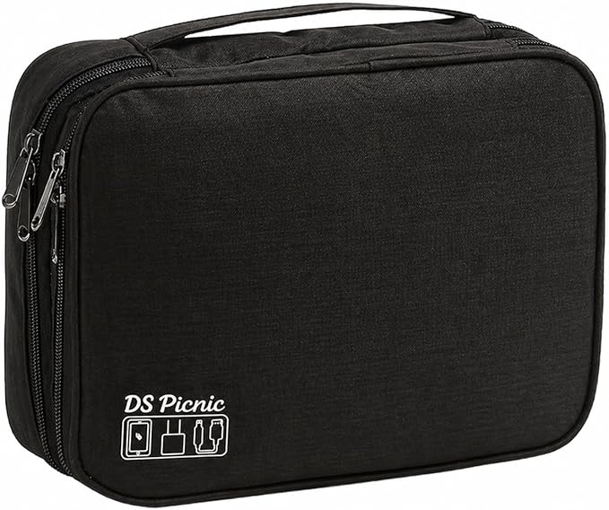 Electronic Organizer Travel Essentials Case, Waterproof Double Layer Cable Storage Pouch Bag for Charger, USB Cords, Power Bank, Phone Mouse SD Card Earphone Camera, Tablet (Up to 11 inch) by DS+Picnic