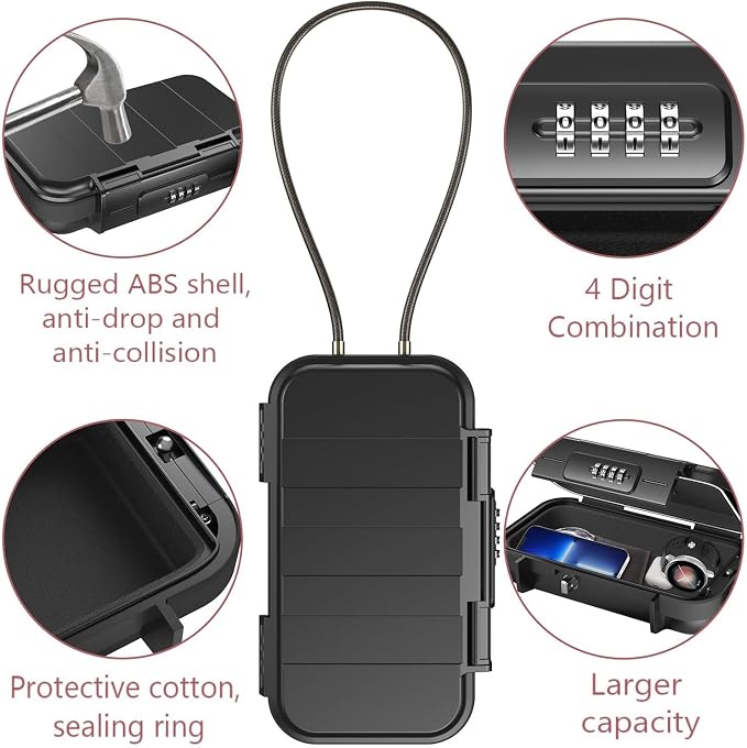 LOFICOPER Portable Safe Lock Box, 4 Digit Security Case, Beach Safe Box with Removable Chain, Waterproof Design, for Sports, Beach, Travel, Black - Image 3