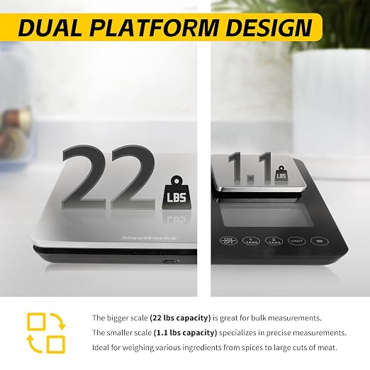 MaxWorks Precision Dual Platform Kitchen Scale Measure Bulk and Fine Ingredients Simultaneously 22 lb Max Capacity Stainless Steel and Glass Digital Scale with USB Charging and 2 Way Power (51069) - Image 3