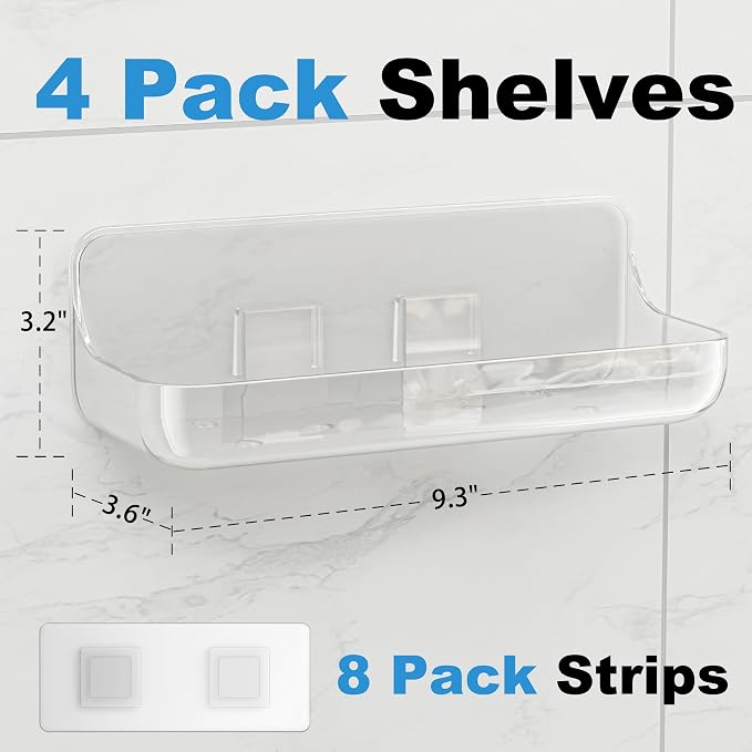 Adhesive Bathroom Shelves, 4 Pack Acryilc No Drill Stick on Shelf - Image 4