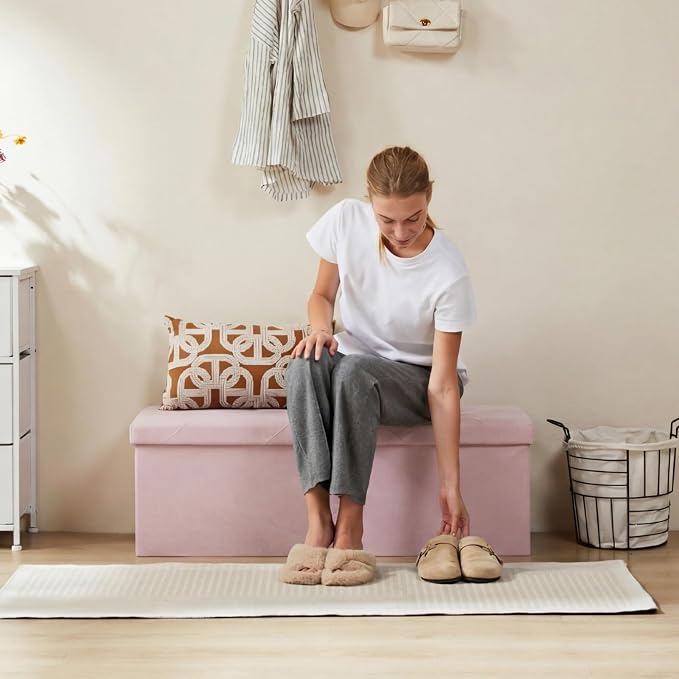 DUMOS 43 Inch Folding Storage Ottoman Bench, Large Ottoman with Storage | Storage Chest with Thicker Foam Padded Seat, End of Bed Foot Rest Stool for Bedroom Living Room Entryway, Load 660 lbs, Pink - Image 8