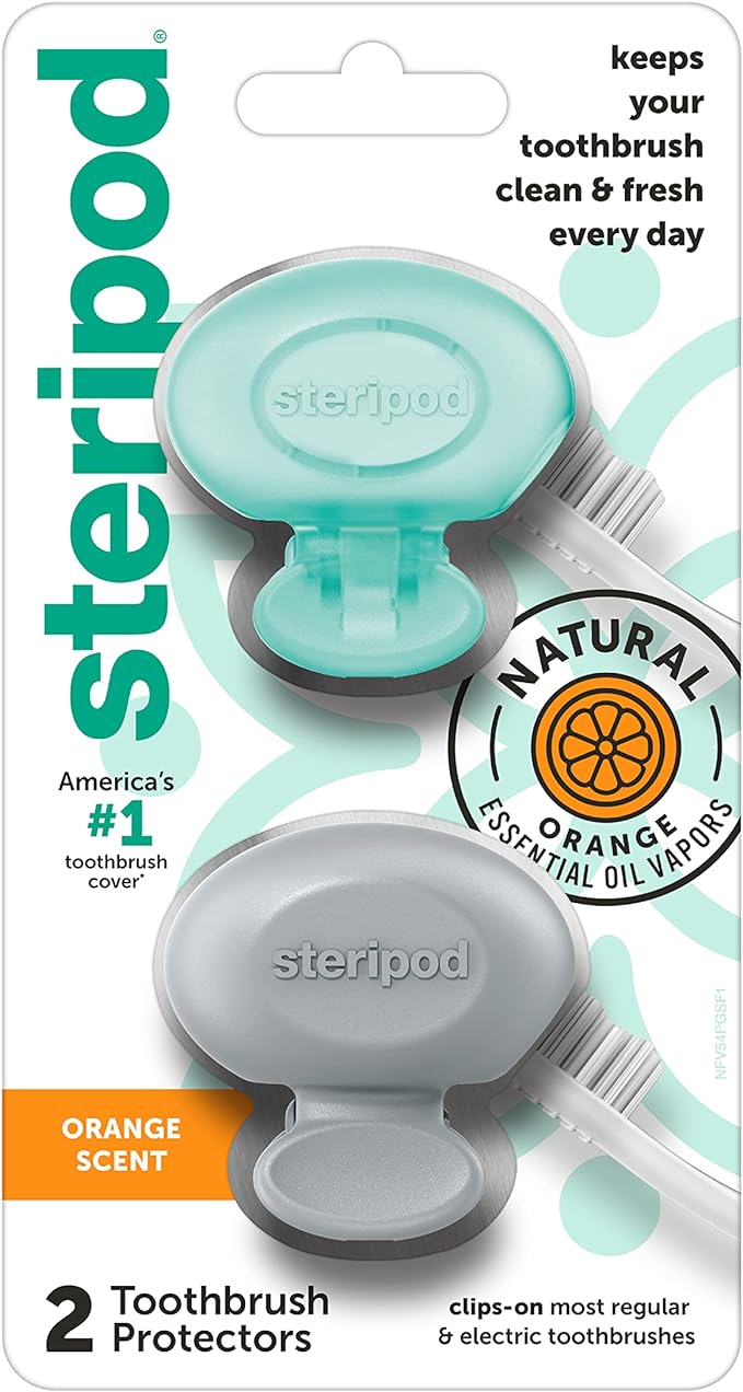 Steripod Clip-On Toothbrush Protector with Orange Essential Oils, Keeps Toothbrush Fresh and Clean, Fits Most Manual and Electric Toothbrushes,2 Count (Pack of 1) by Steripod