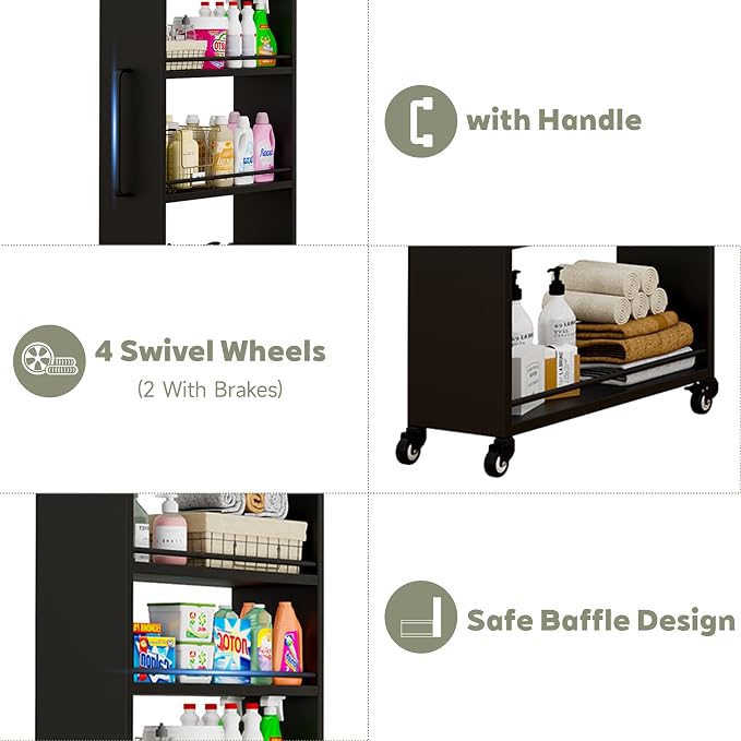6-Tier Slim Rolling Storage Cart with Wheels, 8-Inch Deep Metal Utility Cart for Kitchen, Bathroom, Laundry, Craft Room – Narrow Design for Easy Organization and Mobility (Black) - Image 8