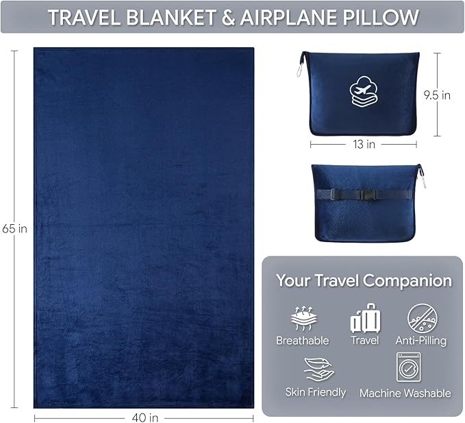 Travel Blanket, Soft 2-in-1 Airplane Blanket, 65x40 Inches, Travel Blanket Airplane Compact with Bag, Car Blanket with Luggage Sleeve & Backpack Clip (Navy Blue) - Image 2