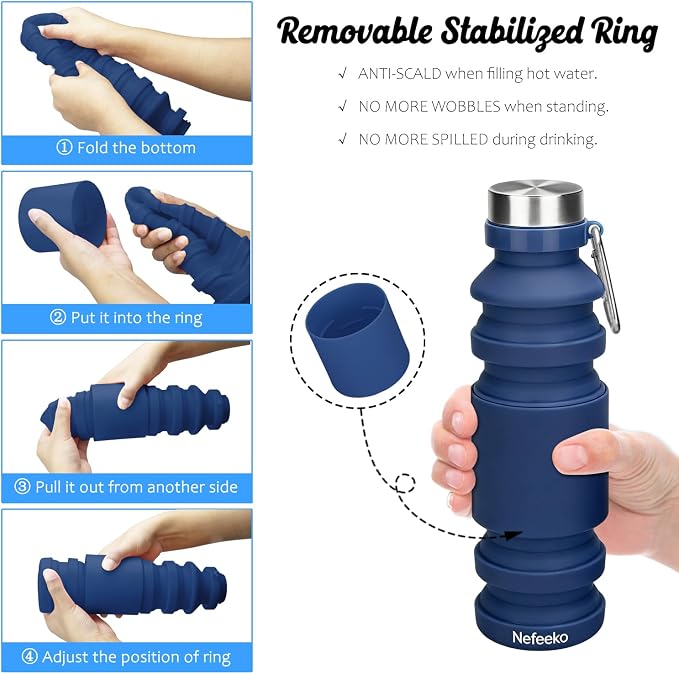 Nefeeko Collapsible Water Bottle, Reuseable BPA Free Silicone Water Bottles | Foldable Water Bottles for Travel Gym Camping Hiking, Portable Leak Proof Sports Water Bottle with Carabiner - Image 2