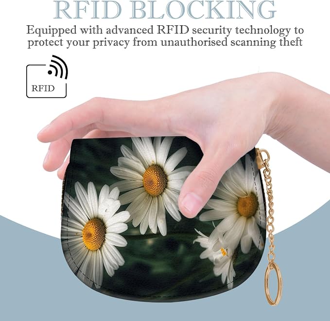 Women's Slim RFID Wallet – Compact Leather Card Holder Wallet for Women, 9 Card Slots RFID Blocking Credit Card Organizer, Small Travel Wallet - White and Yellow Daisy Flowers - Image 5