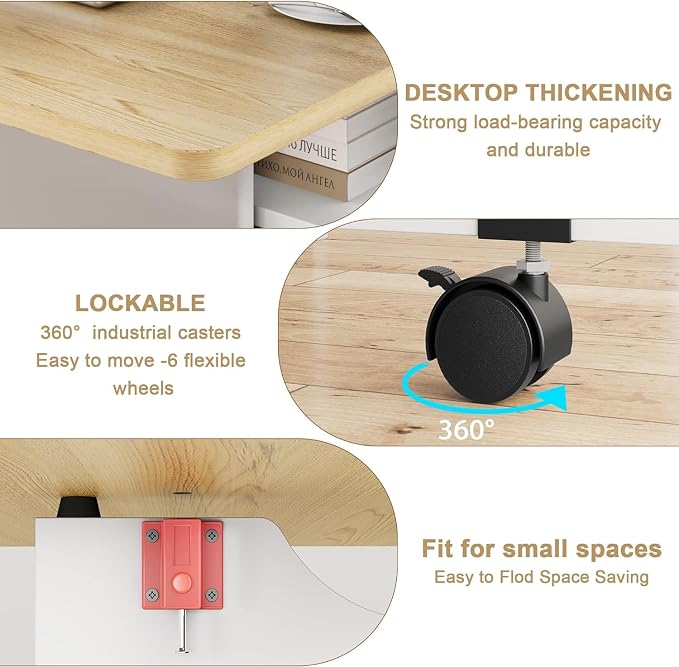 IDEALHOUSE FoldingTable, Drop Leaf Dining Table with 6 Wheels and 2-Layer Storage Shelf, Space Saving Table for Small Spaces (Natural Wood, 50.1" D x 31.4" W x 29.5" H) - Image 6