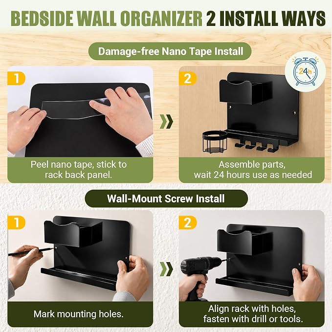 Floating Bedside Wall Shelf, Metal Wall Organizer with Detachable Cup Holde | No Drill Floating Wall Mounted Storage for Bedroom, Dorm, Loft Bed, Bunk Bed & Small Space Organization - Image 6