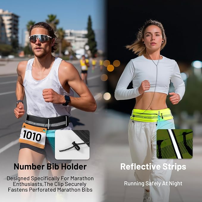 MIER Running Belt for Women & Men, Fanny Pack with Marathon Bib Clip, Neon | Slim Adjustable Phone Holder Pouch; Reflective Waist Packs for Running Essentials; Waterproof Zipper Pockets - Image 6