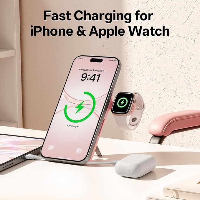 Q Magnetic Wireless Portable Charger 10,000mAh, Travel Essentials Power Bank with Built-in Cables & Foldable Stand, External Battery Pack Compatible with iPhone 17/16/15/14/13/12, Apple Watch - Image 2